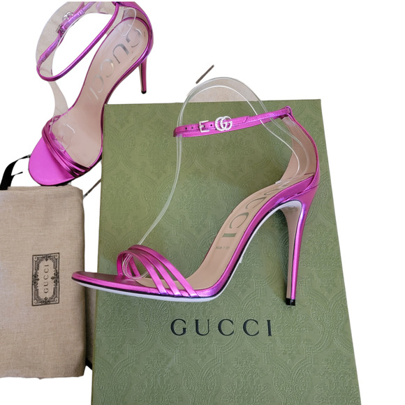 Gucci Pink GG Logo Fuxia Metallic Leather Silk Sandals High Heels Strappy 9 39 - Picture 1 of 16